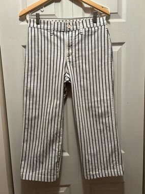 J. Crew ivory with Navy Pinstripes big back pockets slim straight ankle jeans
